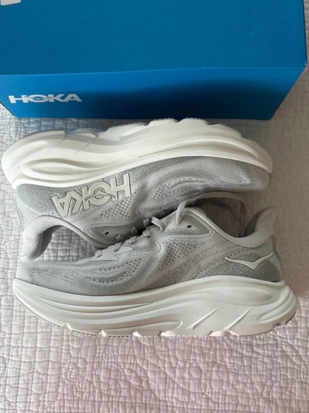 Hoka Light Gray and White Running Sneakers